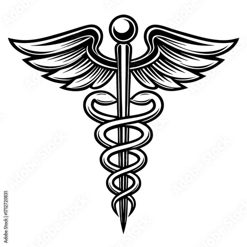Medical Caduceus symbol, a golden 3D vector emblem with two snakes and wings, is a healthcare illustration for pharmacy and science on a white background