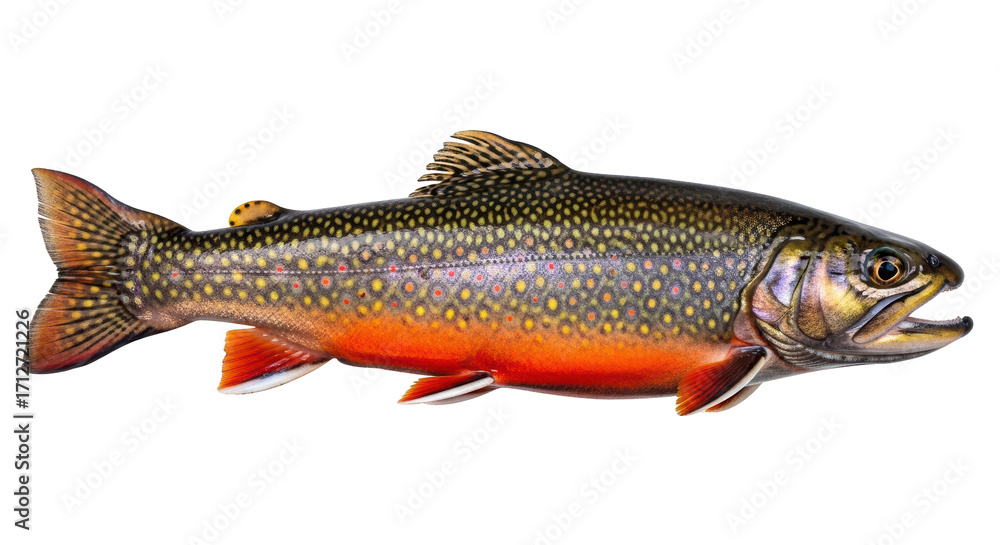 Obraz na plátně Isolated Brook Trout with mouth open viewed from the side against a light-colore