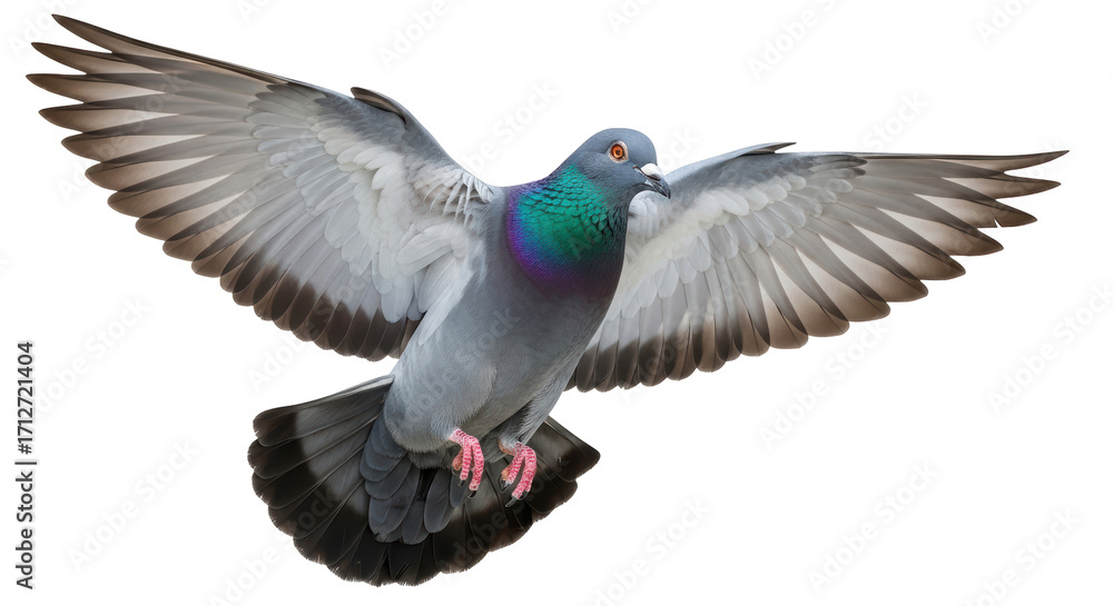 Fototapeta premium Isolated flying pigeon, rock dove in midair with wings spread, front view against bright backdrop