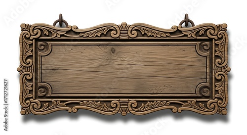 Ornate Wooden Sign with Intricate Carvings and Rustic Texture.