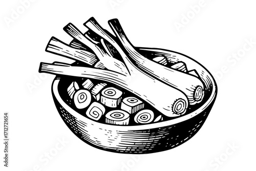Black and white engraving style illustration of a wooden bowl filled with chopped leeks and whole stalks arranged on top.