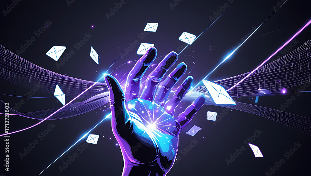Obraz premium Futuristic Communication and Digital Transformation A Hand Reaching Out Amidst Envelopes Representing Emails and Modern Grid Technology