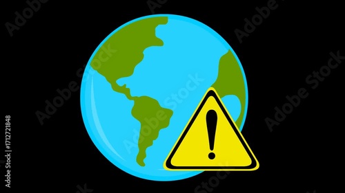 video animation illustration of planet earth and warning sign symbol, in world alert concept icon, on a transparent background with alpha channel set to zero