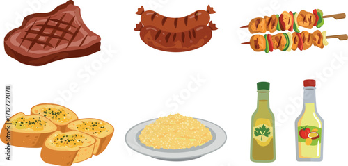 Assortment of grilled and prepared foods: steak, sausages, skewers, garlic bread, mashed potatoes, and bottled sauces on transparent background