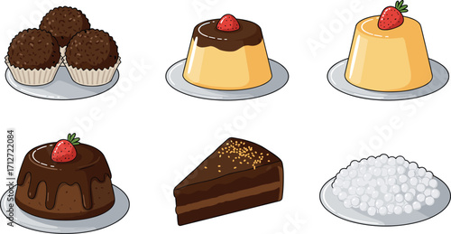 Assortment of desserts: brigadeiro, flan, chocolate cake, and rice pudding on transparent background