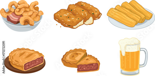 Assortment of fried foods and meat pies with a beer mug on transparent background