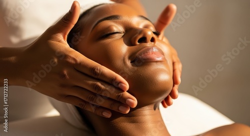 Serene Black Woman Receiving Luxurious Facial Massage, Warm Lighting, Spa Treatment, Wellness, Skincare, Relaxation, Beauty