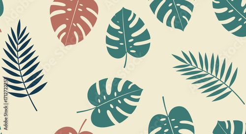 Seamless pattern of tropical leaves in teal and coral on beige background on transparent background