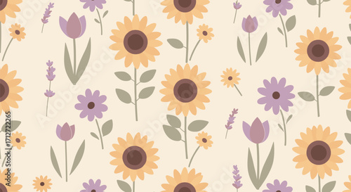 Seamless pattern of sunflowers, tulips, and lavender on a cream background on transparent background