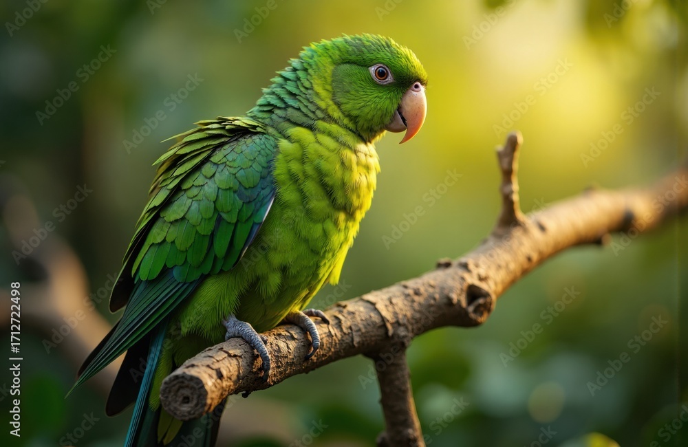 Fototapeta premium Colorful green parrot perched on a tree branch in natural outdoor setting