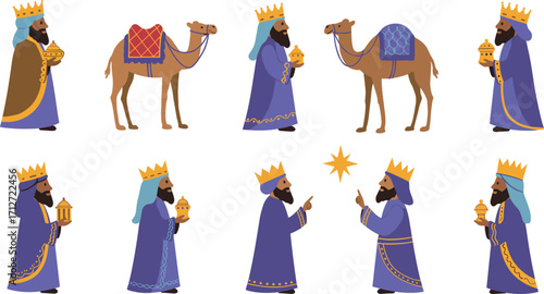 Illustration of the three wise men with camels and star on transparent background