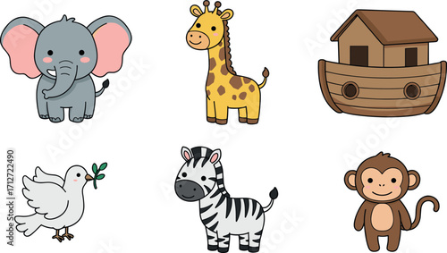 Cartoon animals and noah's ark illustration on transparent background