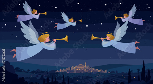 Angels blowing trumpets over a city at night on transparent background