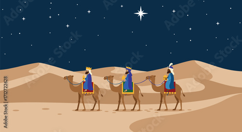 Three kings riding camels in the desert under a starry sky on transparent background
