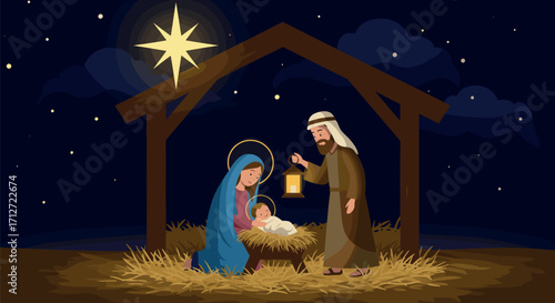 Nativity scene with mary, joseph, baby jesus, and star of bethlehem on transparent background
