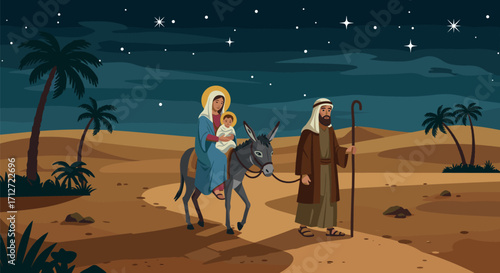 Nativity scene: mary, joseph, and baby jesus traveling in the desert at night on transparent background
