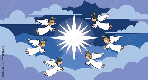 Cartoon angels circling a bright star in a cloudy sky on transparent background