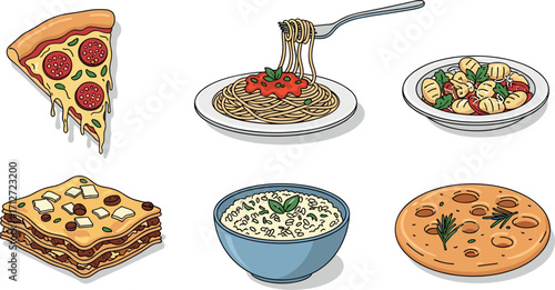Illustrated italian food set: pizza slice, spaghetti, gnocchi, lasagna, soup, and focaccia on transparent background