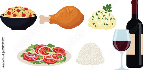 Illustration of a meal with rice, chicken, salad, mashed potatoes, and wine on transparent background