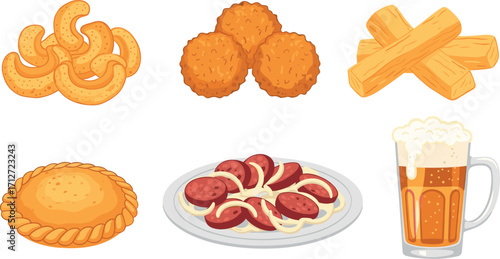 Cartoon illustration of various food items and beer on transparent background