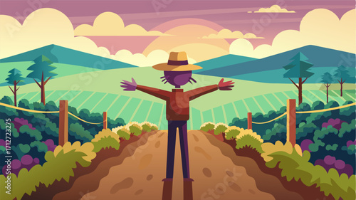 A lone scarecrow standing guard over the ripening grapes his weathered presence adding a touch of nostalgia to the rural vineyard setting.