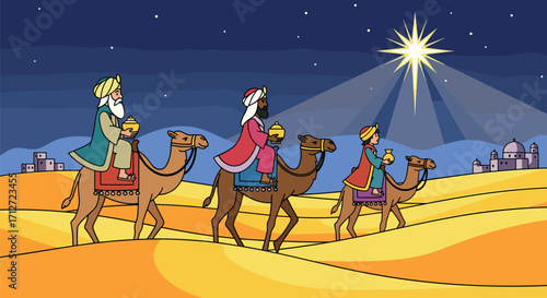 Three wise men on camels following the star of bethlehem on transparent background