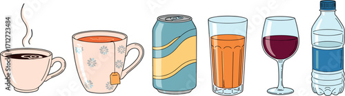 Lineup of various beverages: coffee, tea, soda, juice, wine, and water on transparent background