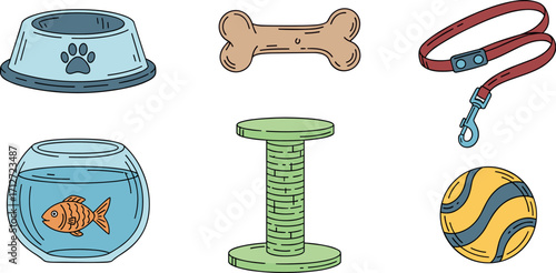 Cartoon illustration of pet supplies: bowl, bone, leash, fish bowl, scratching post, and ball on transparent background