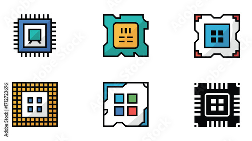 Vector art of set of computer chip icons, representing microprocessors, technology, and electronic components in various designs