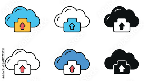Vector art of cloud with upload icon in various colors, representing cloud storage, data transfer, and backup solutions