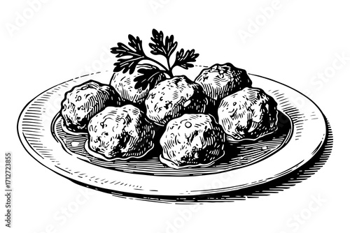 Meatball vector engraving style illustration