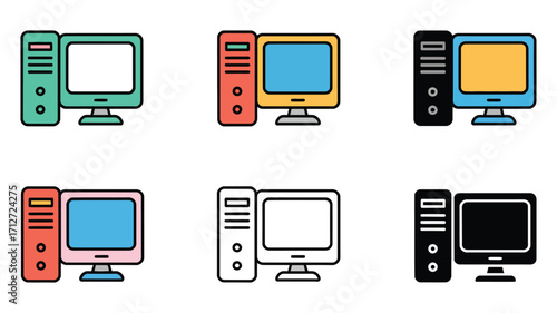 Vector art of set of computer icons, showcasing desktop setups, monitors, and pc towers in various color schemes and designs
