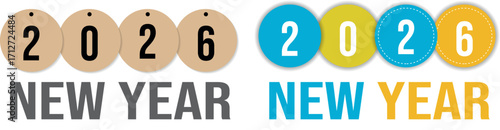 Two logo designs showcasing the year 2026 with 'New Year' text below. The first design uses a brown, circular motif with black numbers, while the second features a colorful palette
