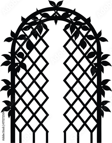 Elegant Garden Arch Silhouette with Climbing Plants for Outdoor Decor on white background