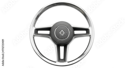 Isolated metallic car steering wheel with logo on hub a vehicle auto accessory part