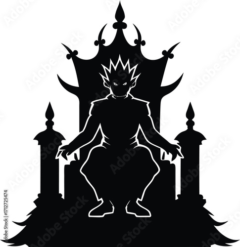 Silhouette of a menacing figure sitting on an ornate throne in black and white on white background