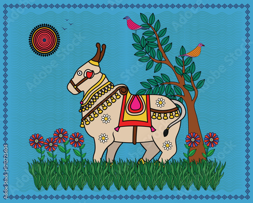 Indian Folk Art: The Sacred Bull of Shiva, Surrounded by Flora in Madhubani Style. Madhubani art, Nandi art, Indian folk art, Mithila painting