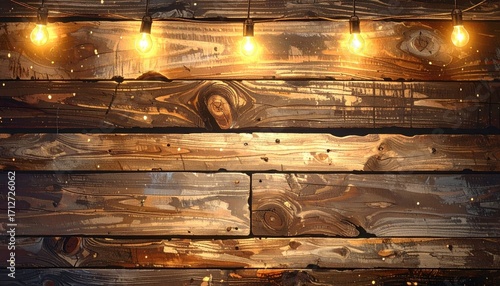Rustic Wooden Planks Background with Warm Glowing String Lights for Festive Atmosphere and Decorative Backdrop Use in Horizontal Orientation