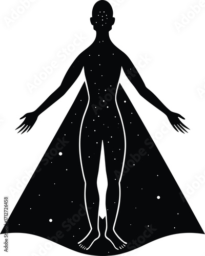 Cosmic Human Figure with Cape of Stars and Galaxy Illustration on white background