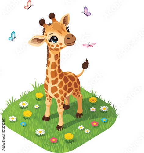 Baby Giraffe in Isometric Meadow