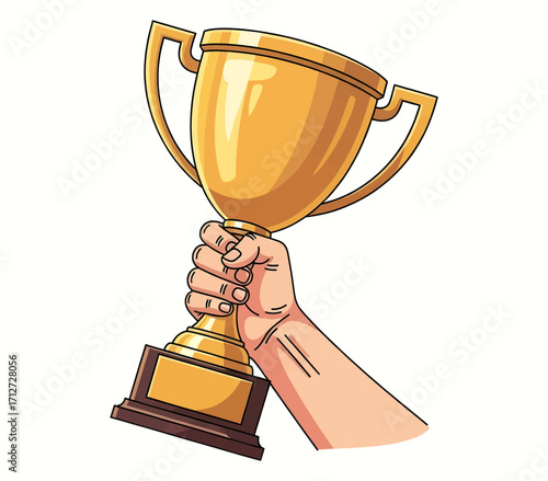 Hand holding up golden trophy celebrating victory achievement and championship success