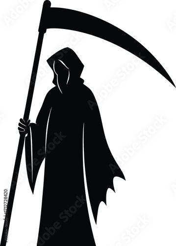 Grim Reaper Silhouette with Scythe Symbolizing Death and Mortality in Black and White on white background