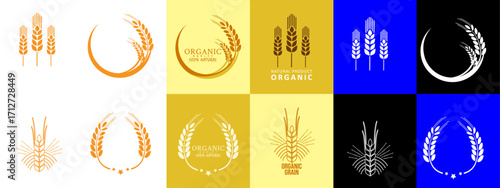 Golden Wheat Ears icon and logo set. Wheat ears set vector illustration. Organic nutrition logo.