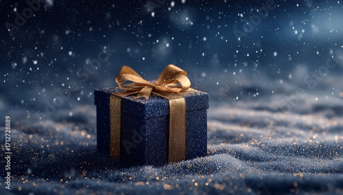 Christmas gift box with festive gold ribbon in snowy landscape, detailed winter background with snowflakes, dark blue and gold tones, holiday celebration concept