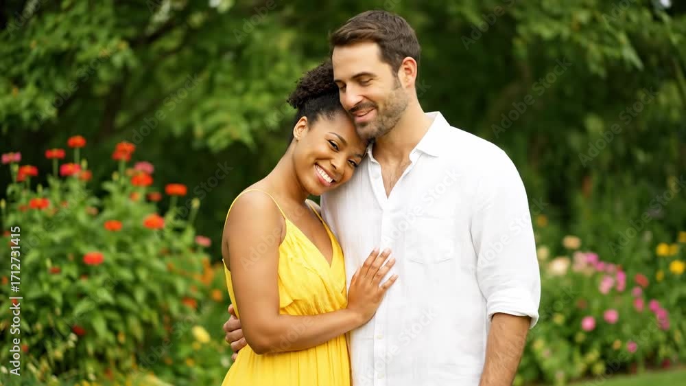 Happy Couple Embracing in a Garden - A portrait of a smiling ...
