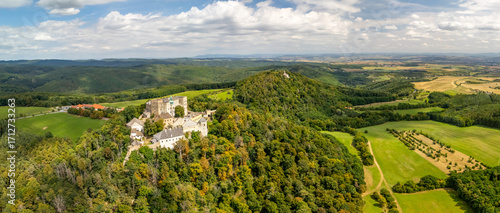 Buchlov a royal castle on a wooded hill aerial view, Czech republic