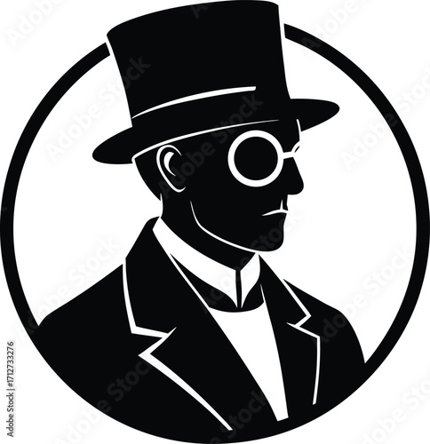 Fotografía Silhouette of a man in a top hat and monocle within a circle on white background