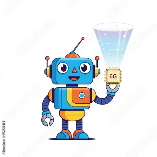 A cheerful, cartoon robot in vibrant blue, orange, and yellow colors holds a 6G chip, showcasing futuristic technology. EPS Vector
