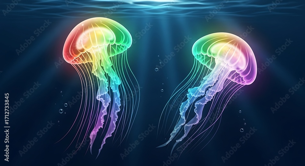 Fototapeta premium Two Rainbow Jellyfish Underwater Scene.