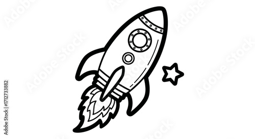 Rocket Spaceship Launching Line Art with Star on an Isolated White Background, Space Exploration
